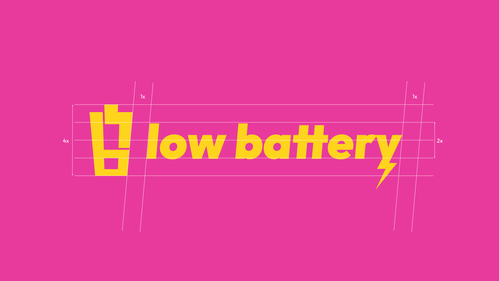 Low Battery logo in yellow on a pink grid.